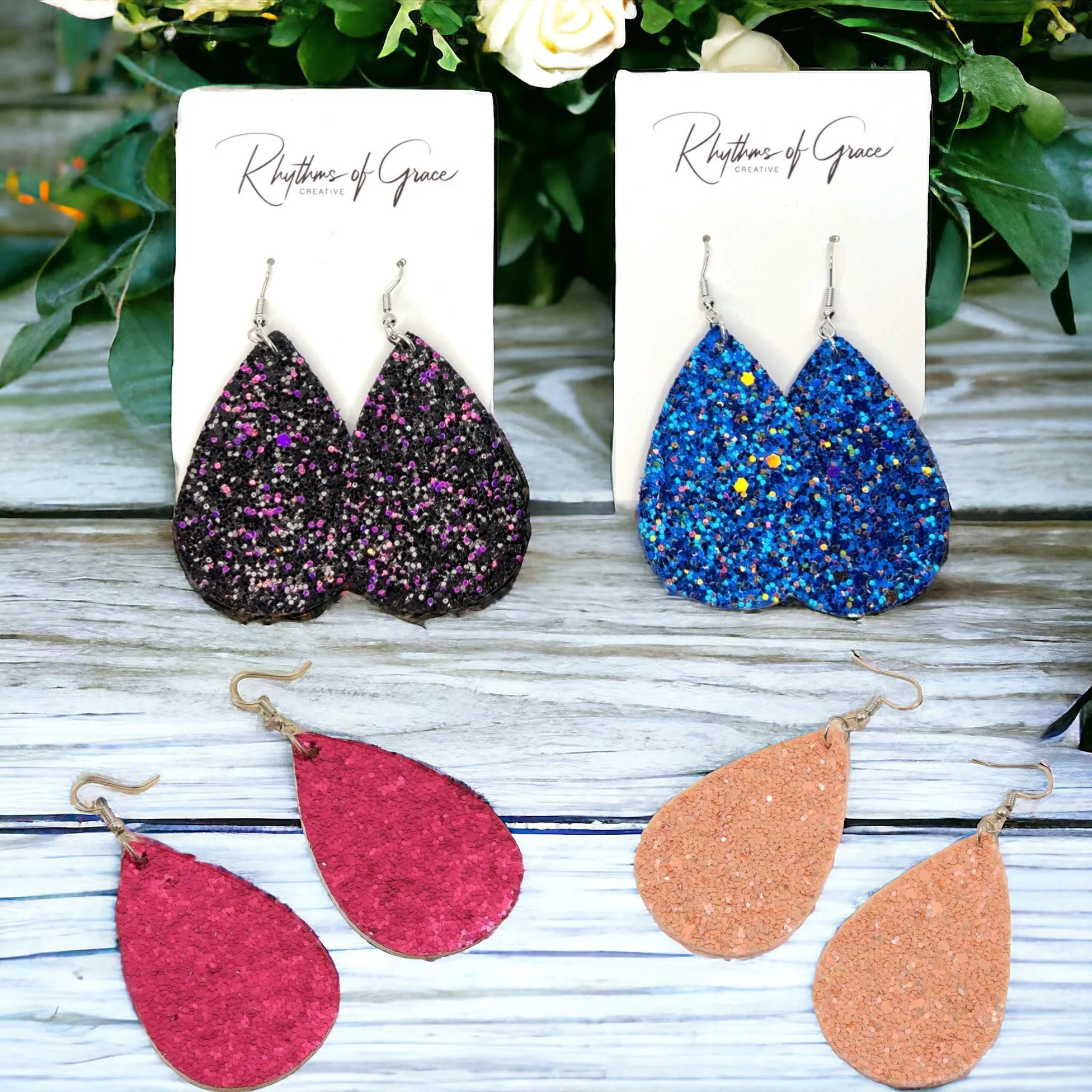 Glitter Earrings - Glitter Accessories, Purple Earrings, Teardrop Earrings, Purple and Black, Blue Glitter