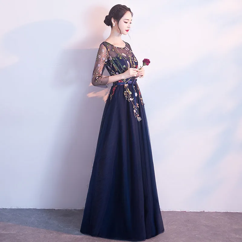 HALF SLEEVE EMBROIDERED TULLE MAXI DRESS