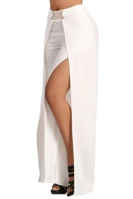 High Waist Wide Bottom Pants with Gold Accent Belt Split Leg Pants