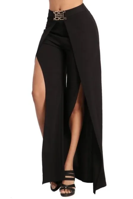 High Waist Wide Bottom Pants with Gold Accent Belt Split Leg Pants