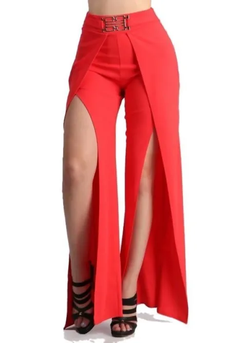 High Waist Wide Bottom Pants with Gold Accent Belt Split Leg Pants