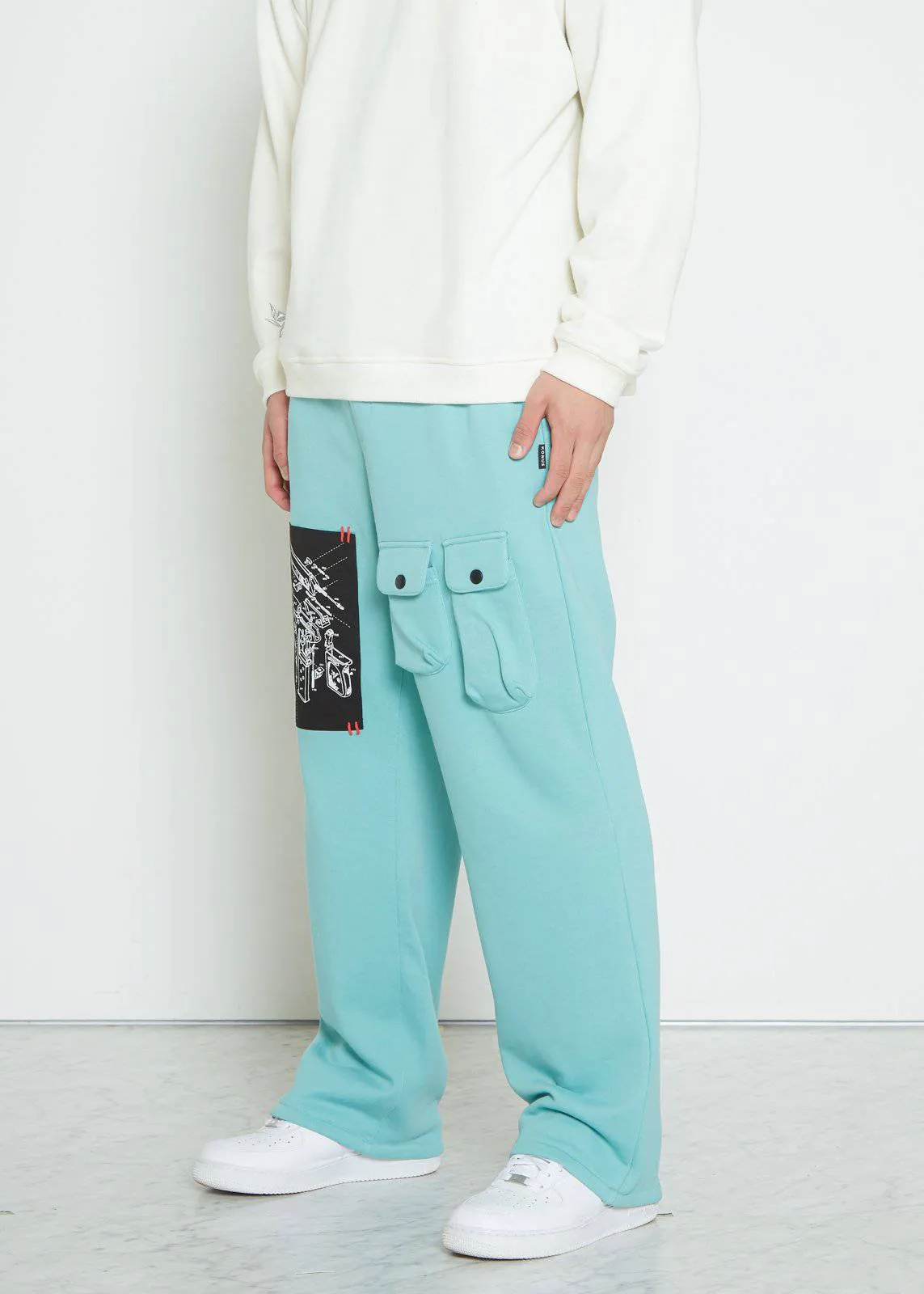 Konus Men's Wide Print Patch French Terry Sweatpants in Teal