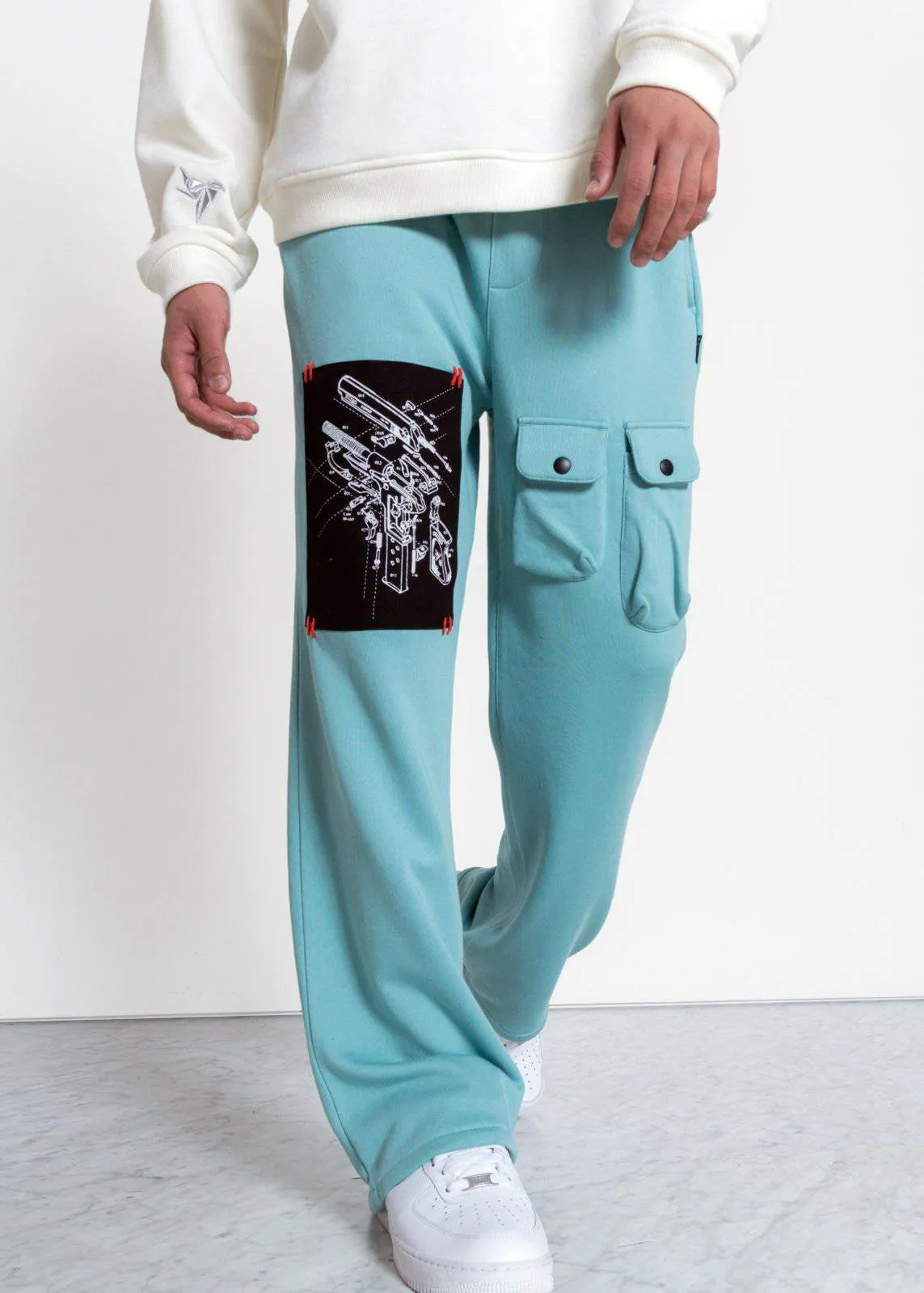 Konus Men's Wide Print Patch French Terry Sweatpants in Teal