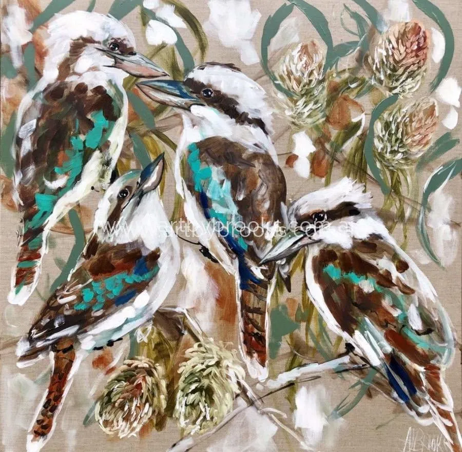 Kookaburra and banksia  - original on linen 90x90cm