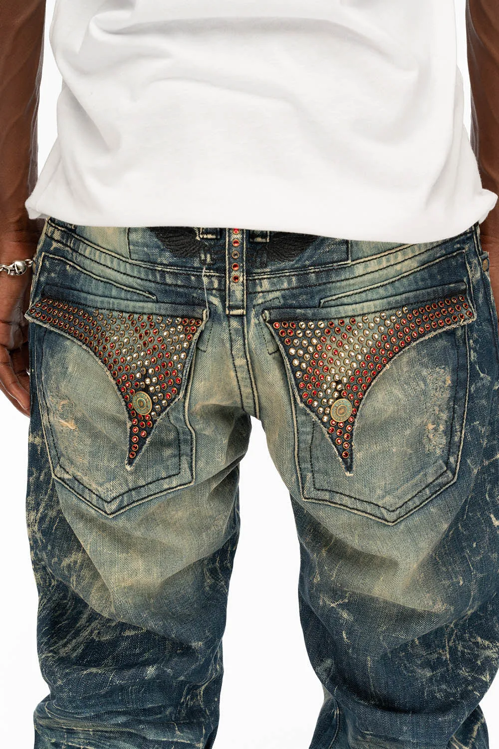 LONG FLAP STRAIGHT DESTROY DENIM JEANS WITH CRYSTALS IN 4D DARK BROKEN