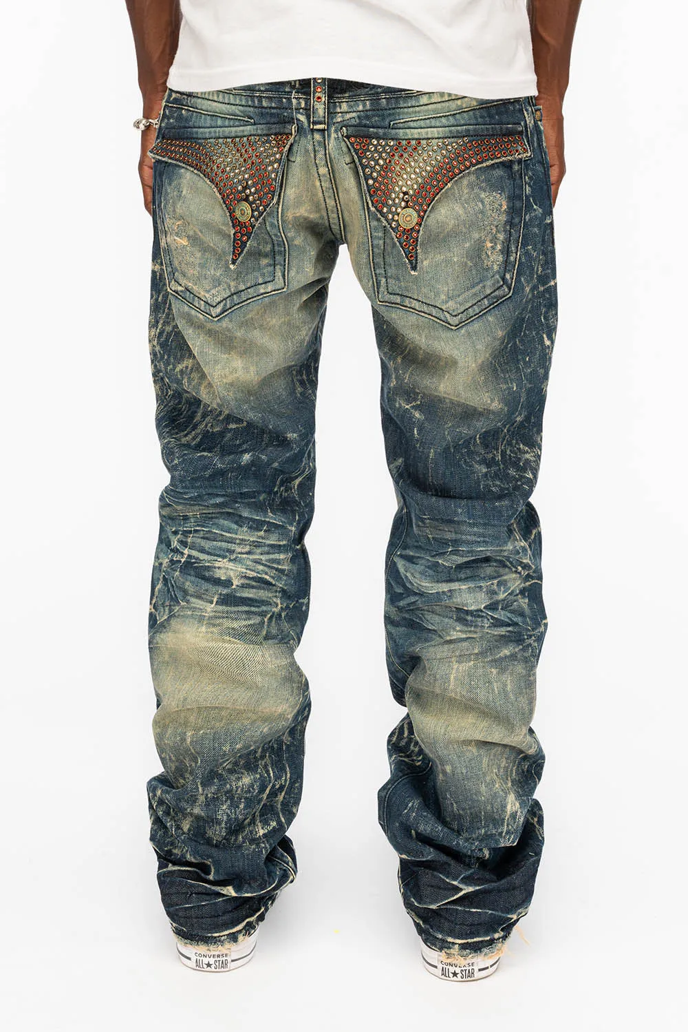 LONG FLAP STRAIGHT DESTROY DENIM JEANS WITH CRYSTALS IN 4D DARK BROKEN