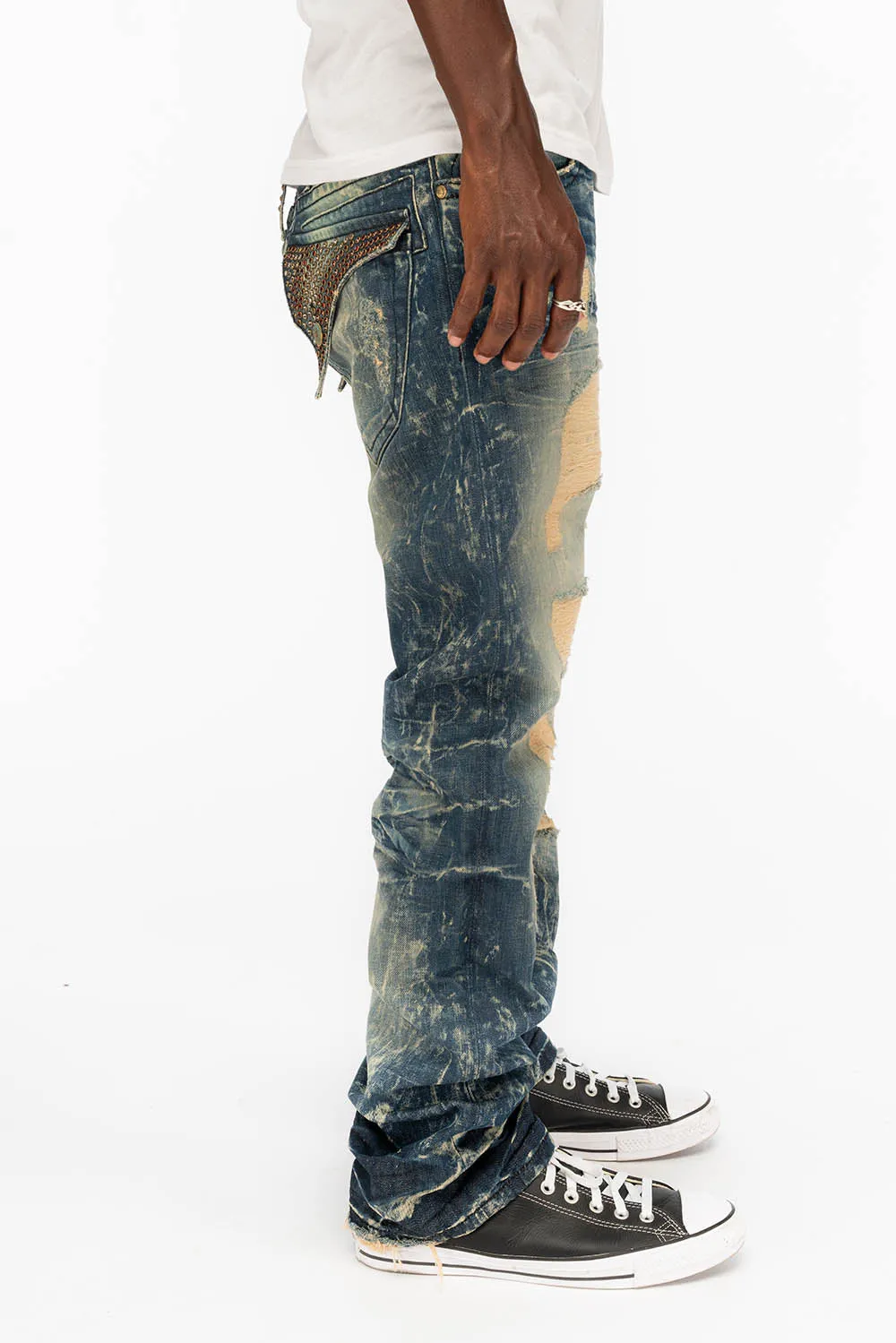 LONG FLAP STRAIGHT DESTROY DENIM JEANS WITH CRYSTALS IN 4D DARK BROKEN