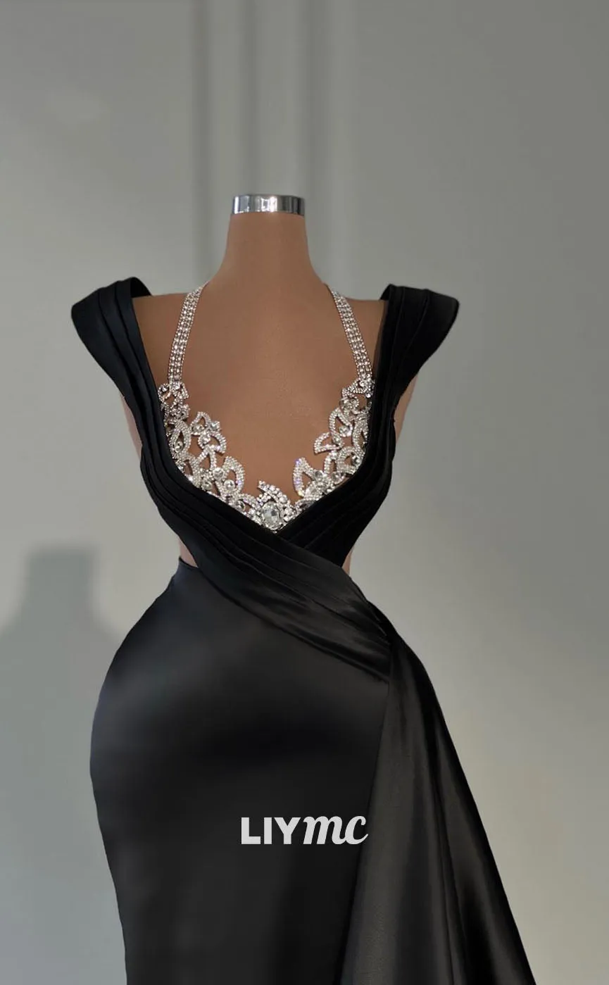 LP1124 - Illusion Deep V neck Beads Black Formal Prom Dress