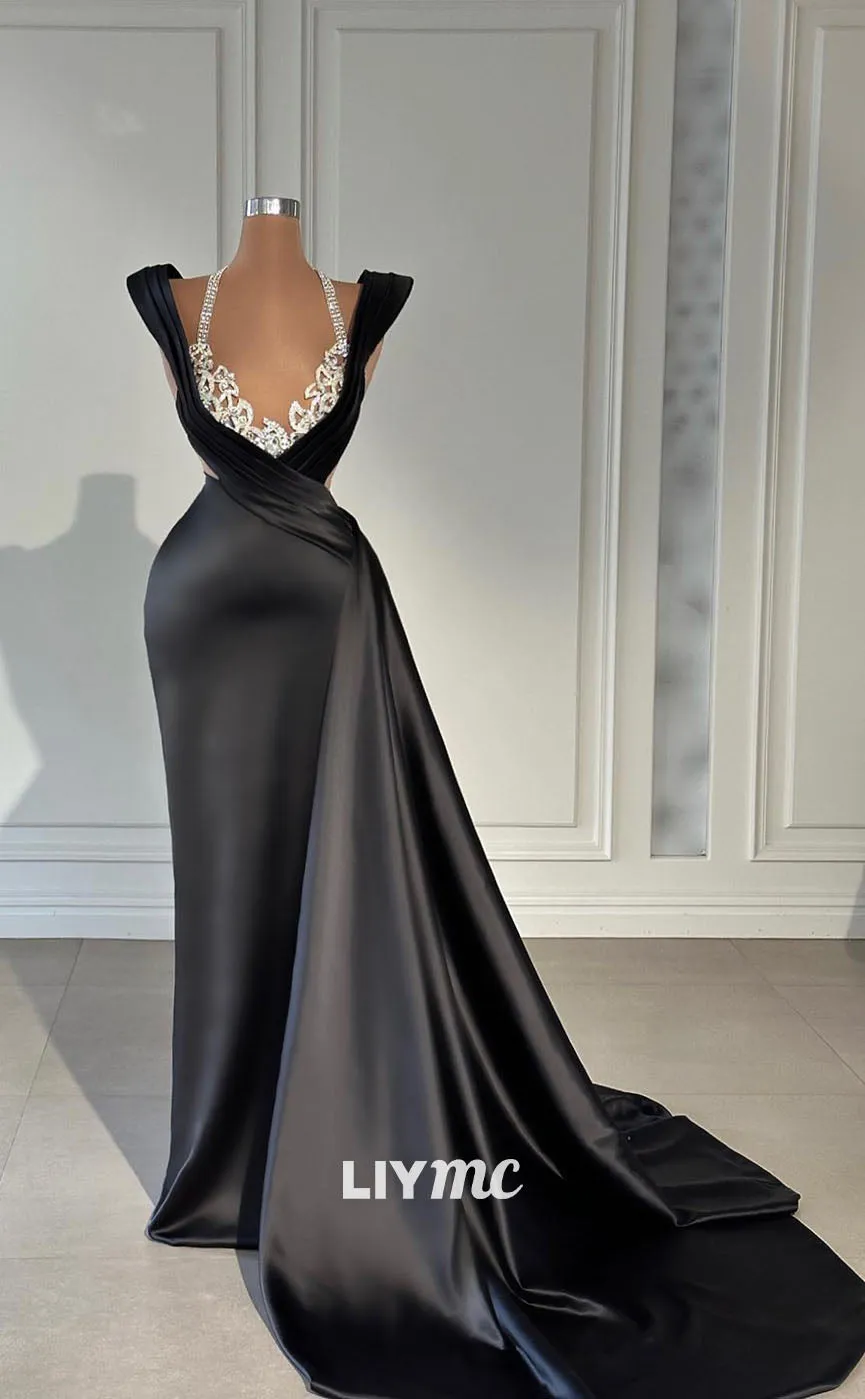 LP1124 - Illusion Deep V neck Beads Black Formal Prom Dress