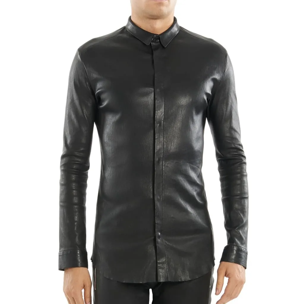 Men's Black Tight Fitted Leather Shirt - Bold and Stylish