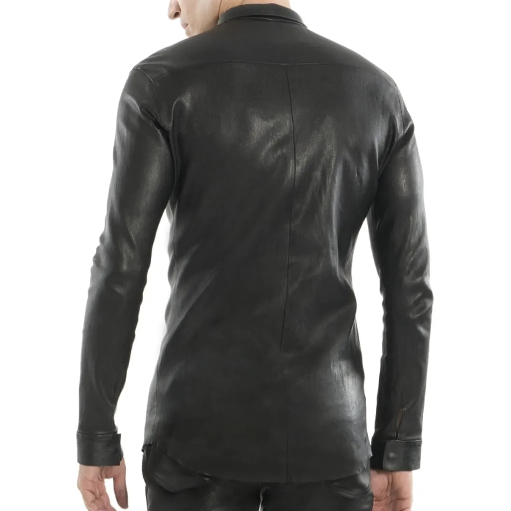 Men's Black Tight Fitted Leather Shirt - Bold and Stylish