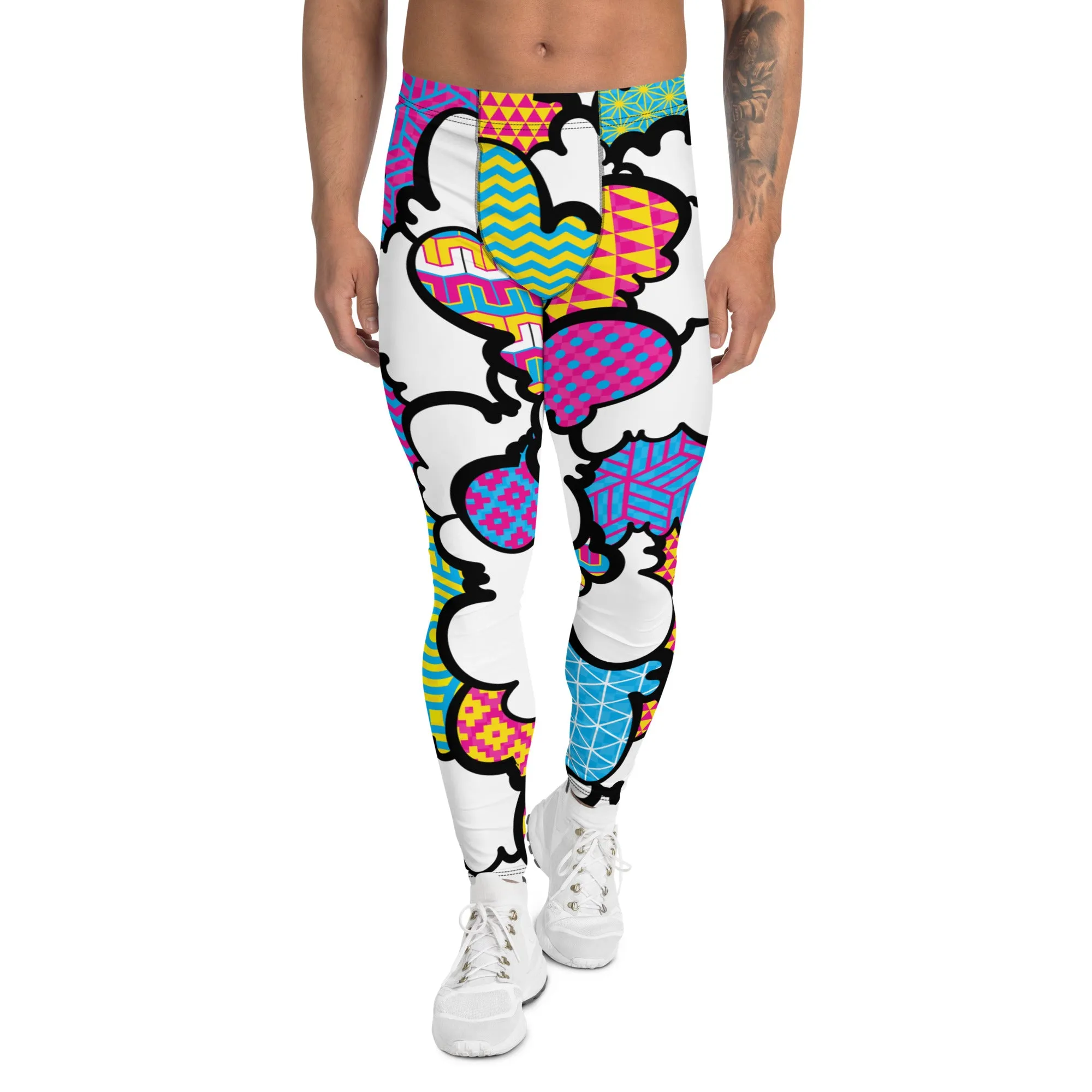 Men's CMYK Graffiti Clouds Pattern Athletic Leggings for Running, Gym, Jiu-Jitsu and MMA