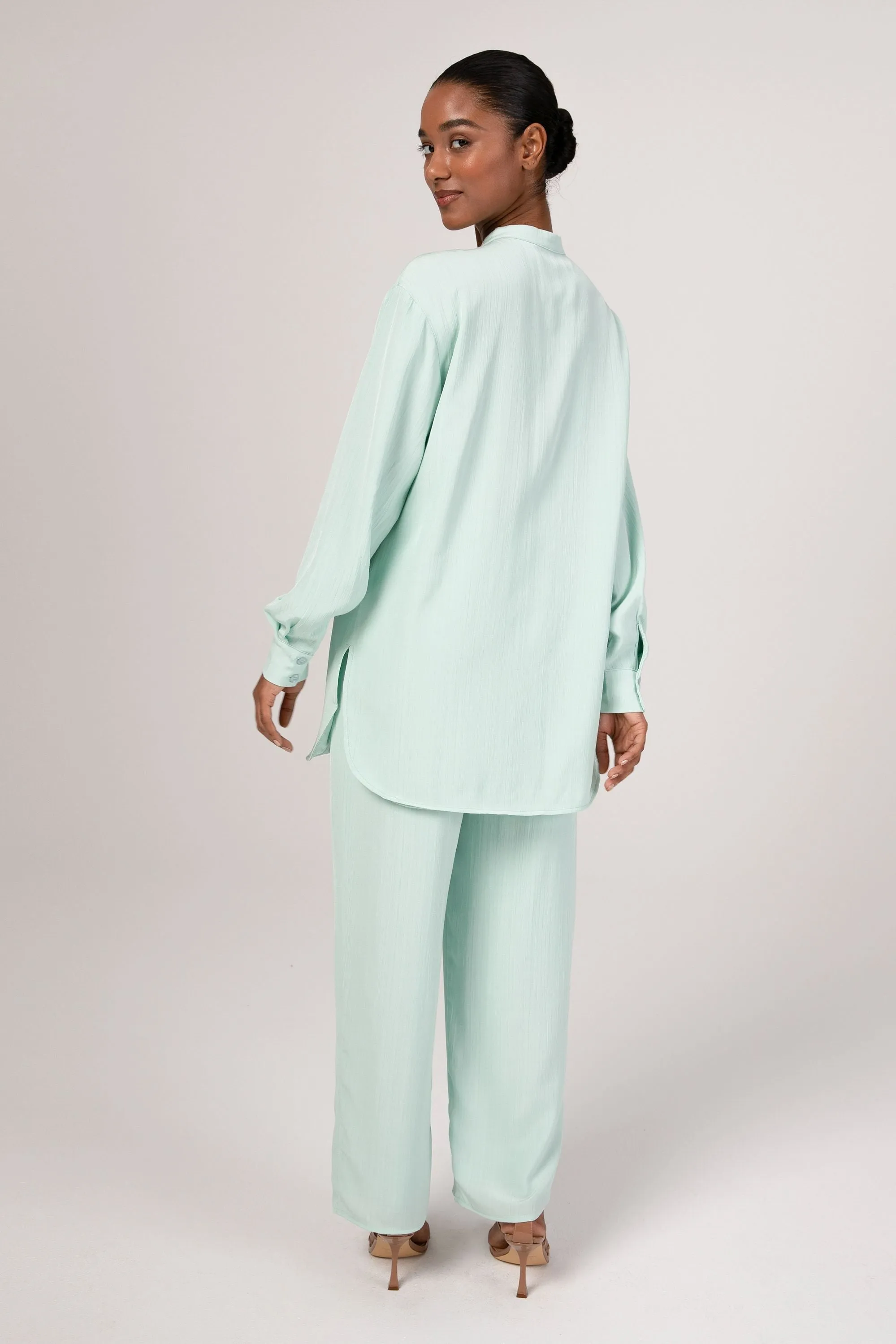 Nashwa Textured Rayon Wide Leg Pants - Mint Green