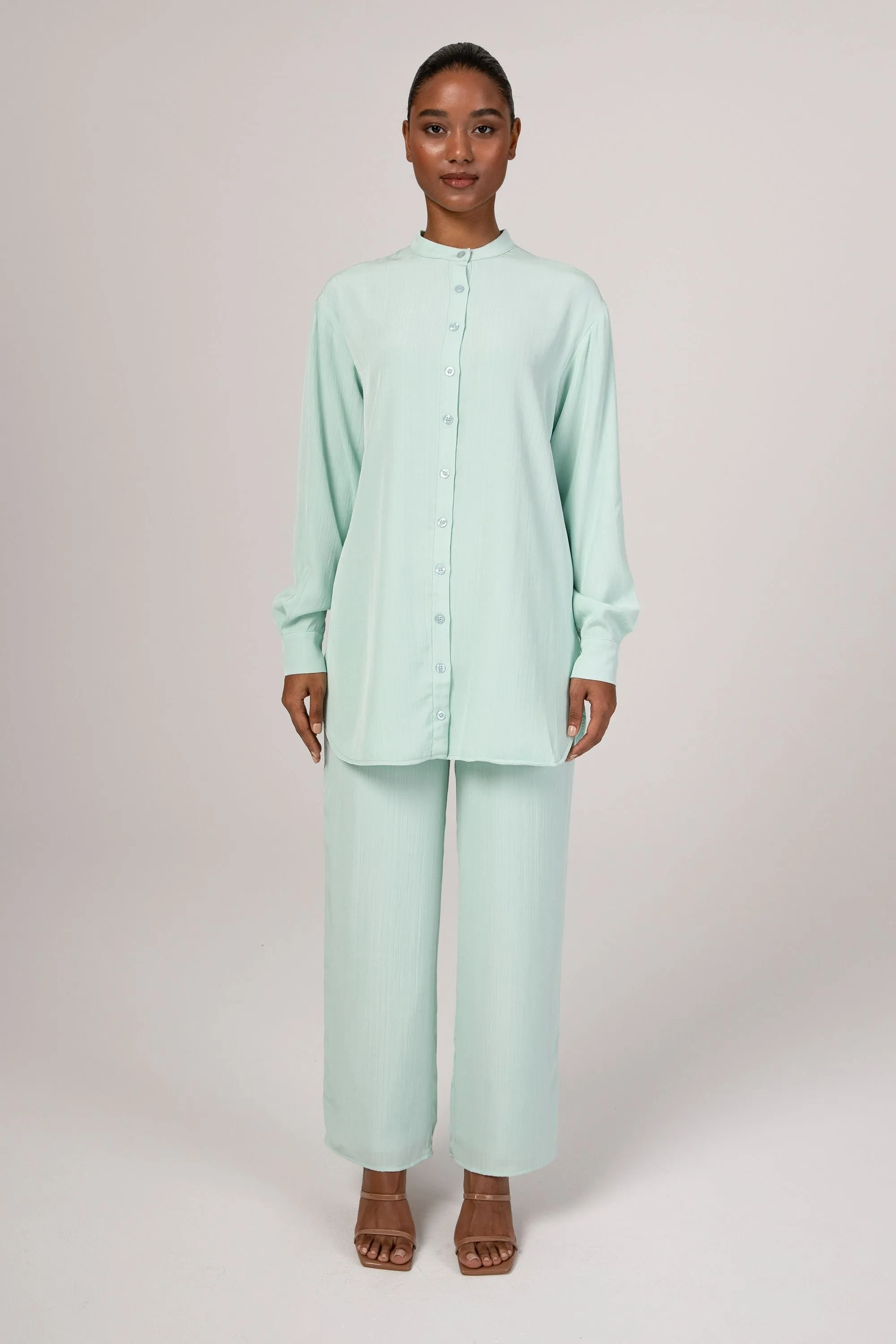 Nashwa Textured Rayon Wide Leg Pants - Mint Green