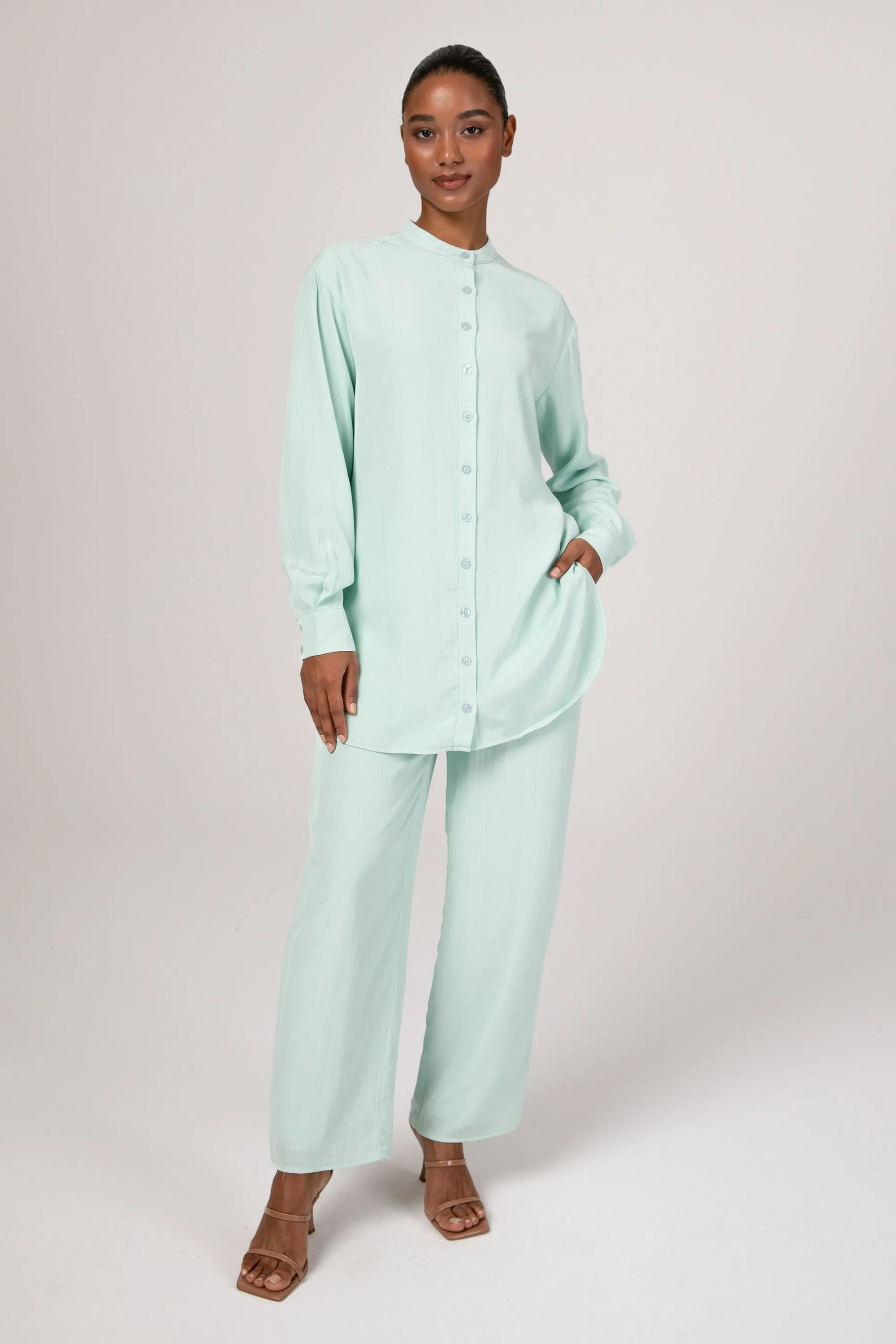 Nashwa Textured Rayon Wide Leg Pants - Mint Green