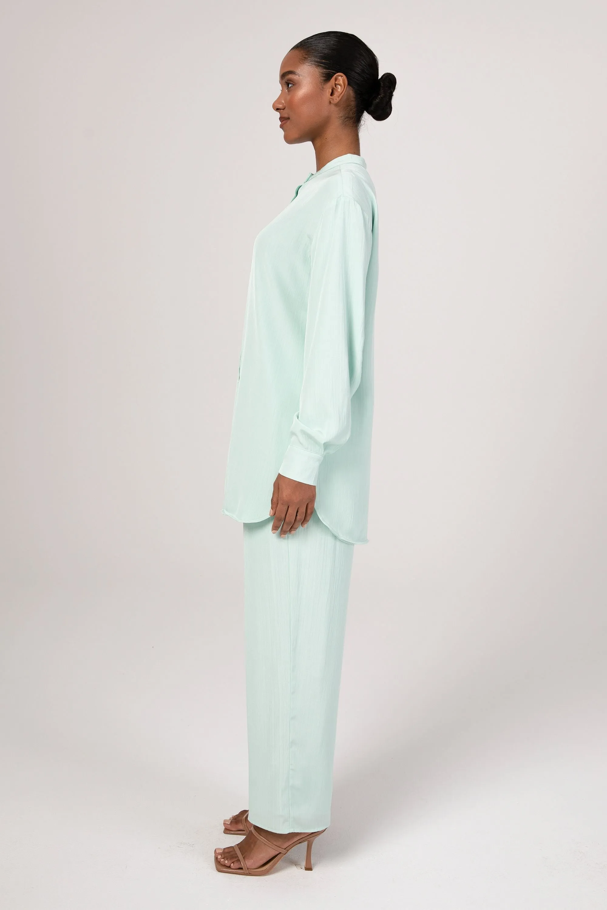 Nashwa Textured Rayon Wide Leg Pants - Mint Green