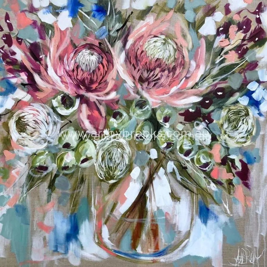 Pink Waratah and gum nuts - original on Belgian linen 90x90cm