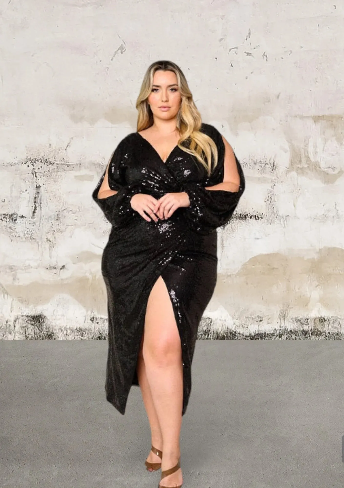 Plus size long sleeve v neckline sequin dress