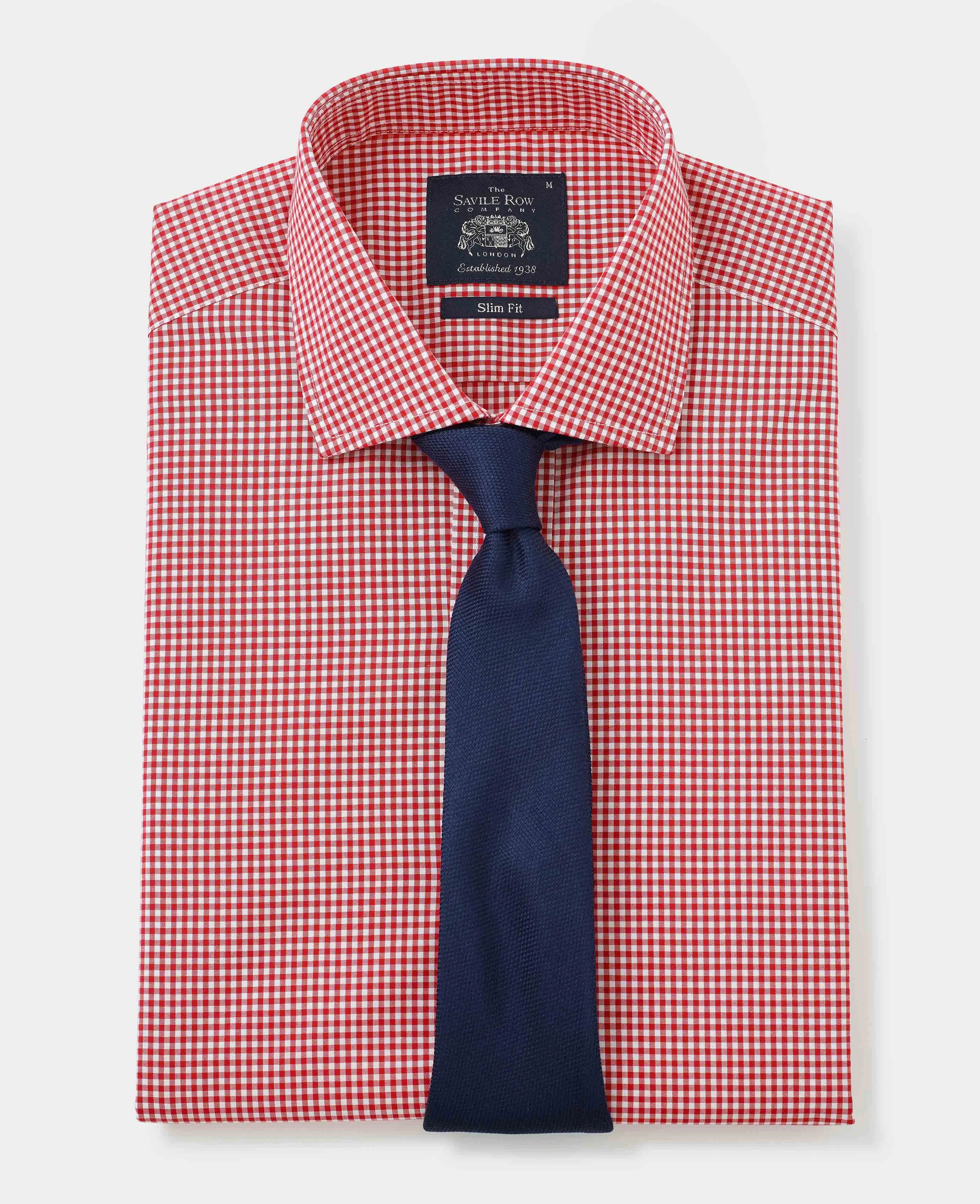 Red White Gingham Slim Fit Shirt - Single Cuff