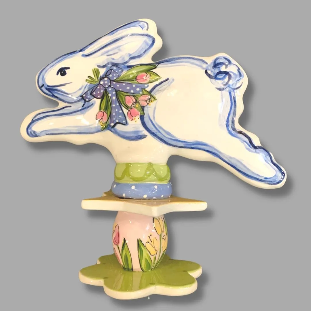 Running Bunny with Blue Ribbon and Pink Flowers Garden Sculpture