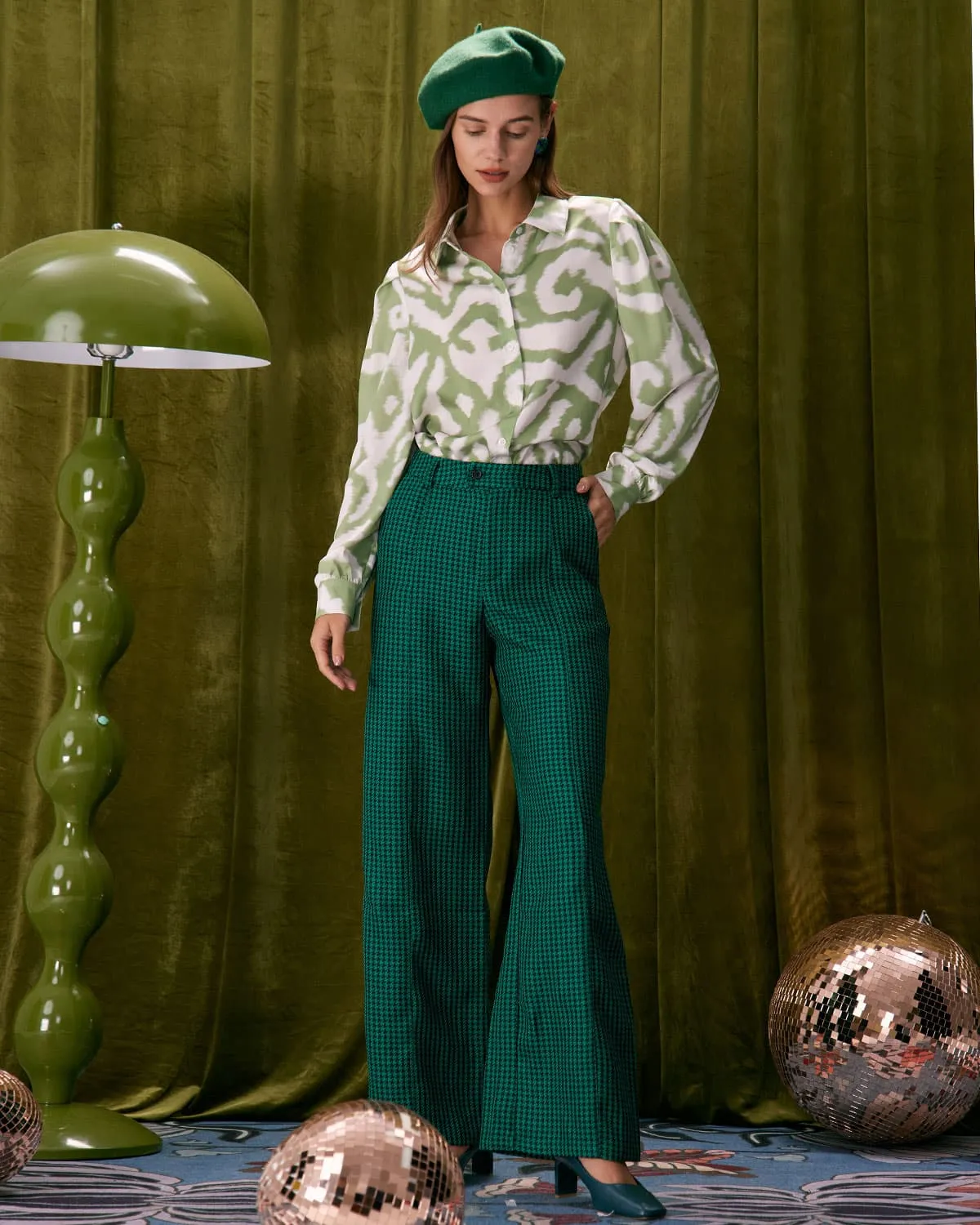 The Green Houndstooth Wide Leg Pants