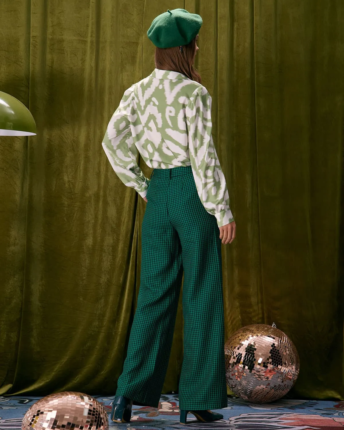 The Green Houndstooth Wide Leg Pants