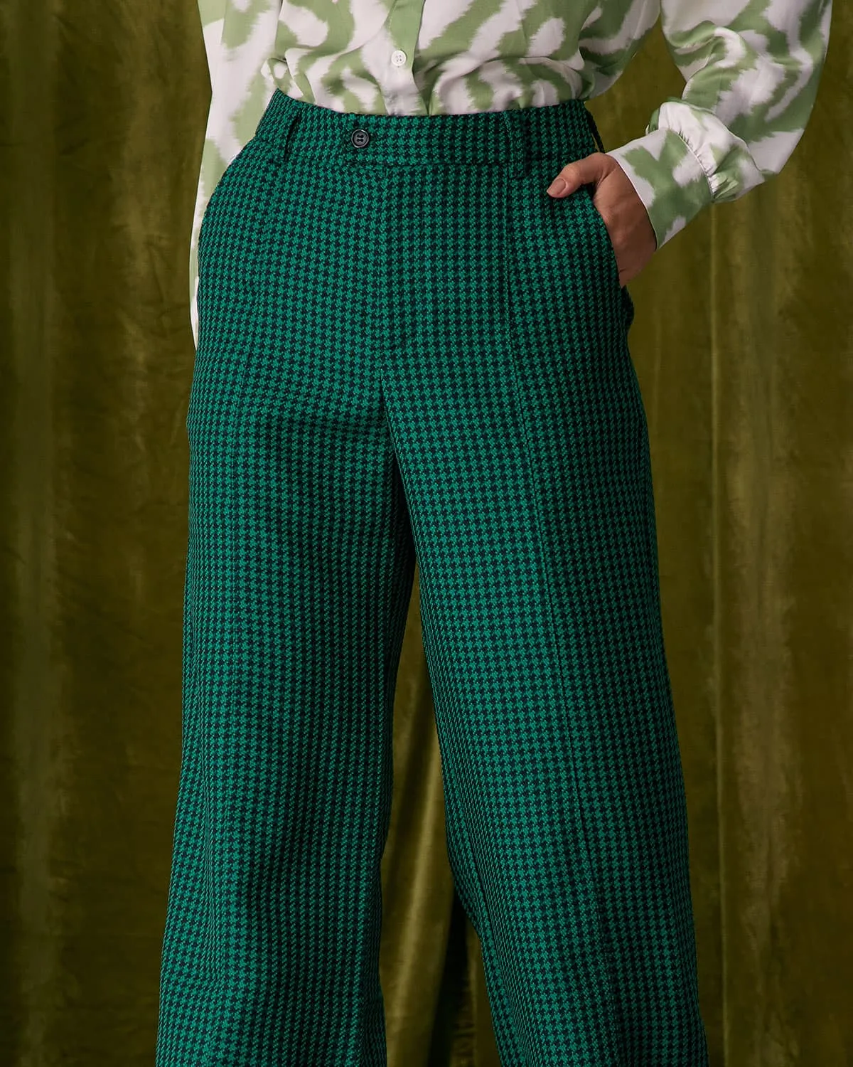 The Green Houndstooth Wide Leg Pants