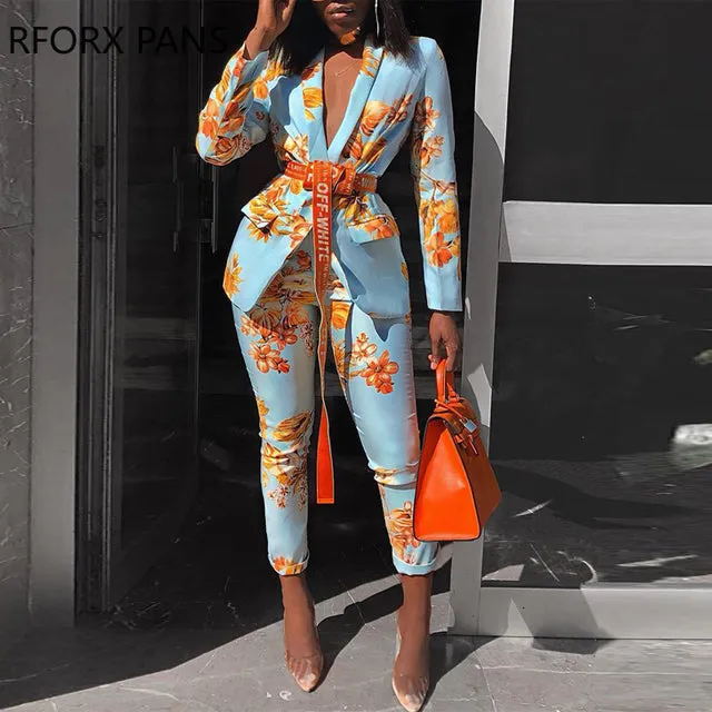 Women Chic Elegant All over Print  Long Sleeve Sashes Ankle-Length Pants Spring Working Blazer Sets